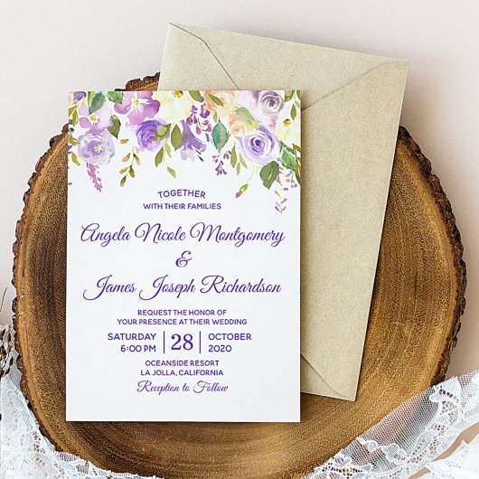 Invitation Elégante Aquarelle violette Florale Mariage modern