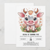 Invitation Elégante aquarelle Whimsical Cow Anniversaire (Devant / Derrière)