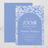 Invitation Elégante Arche Florale Bleue Dusty 100e anniversai (Devant / Derrière)