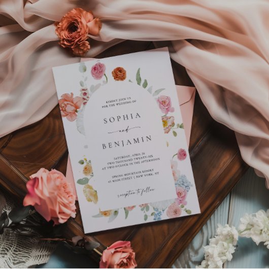 Invitation Elégante Arche Mariage aux fleurs de printemps col
