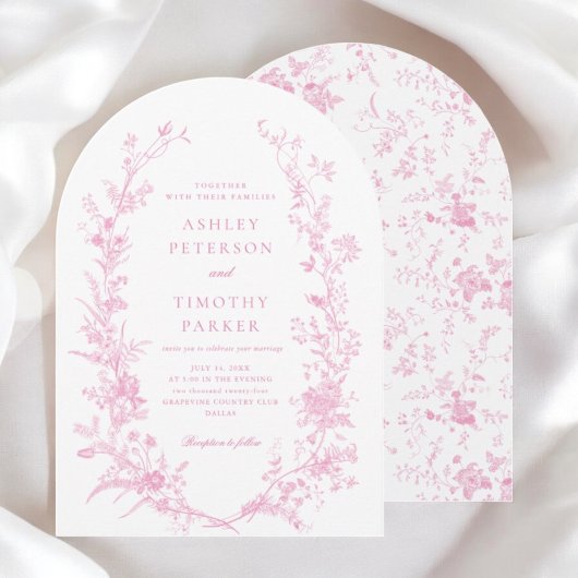 Invitation Elégante Arche Mariage Florale Toile Rose Français