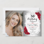 Invitation Elégante Argent Blanc Roses Rouges Photo 50e anniv (Devant)