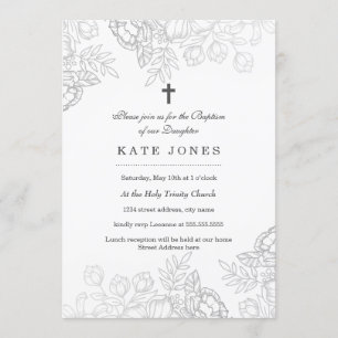 Invitation élégante argentée vintage pour baptême