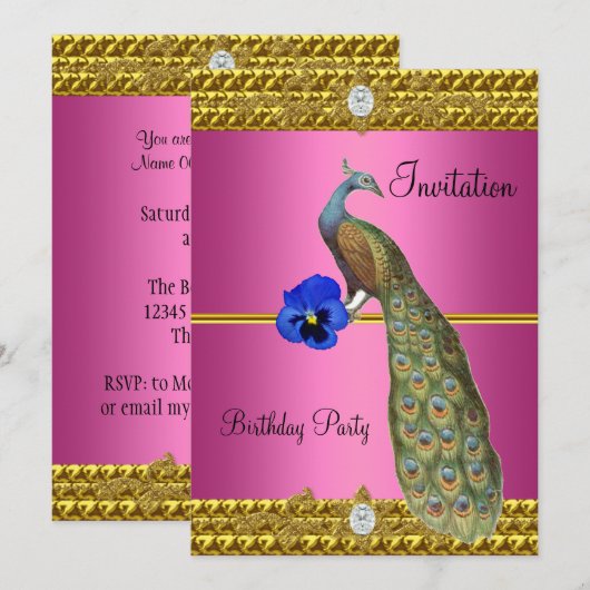 Invitation élégante au paon en or (Devant / Derrière)