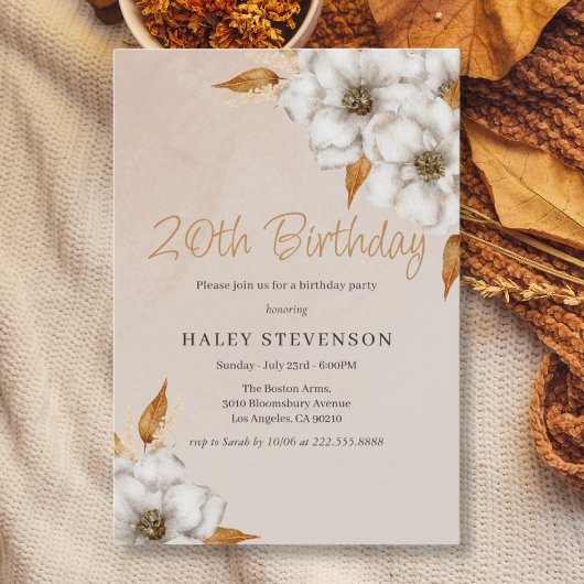 Invitation Élégante Automne Boho Chic Floral 20e fête d'anniv