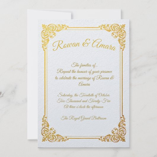 Invitation élégante avec feuille d'or pour mariage (Devant)