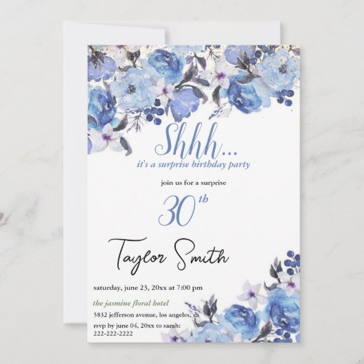 Invitation élégante avec fleurs bleues pour une fê (Devant)