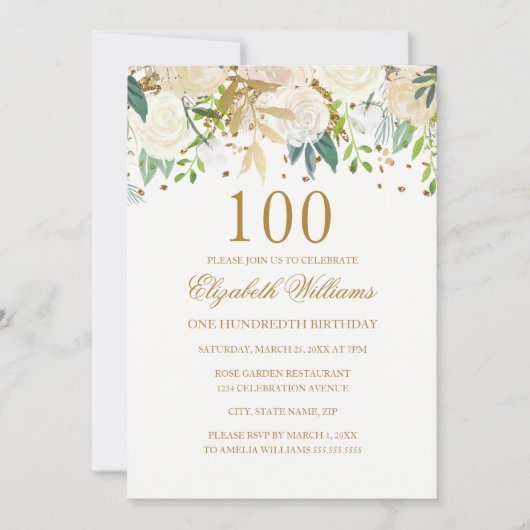 Invitation élégante avec fleurs dorées pour 100e a (Devant)