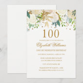 Invitation élégante avec fleurs dorées pour 100e a (Devant / Derrière)