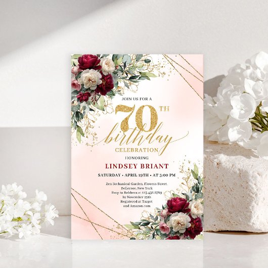 Invitation élégante avec fleurs dorées pour 70e an