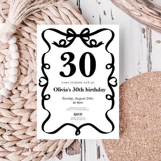 Invitation élégante avec nœud noir pour 30 ans