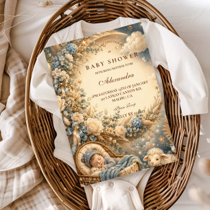 Invitation Élégante Baby Shower Bleue Bohème
