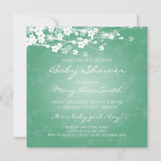 Invitation Elégante Baby shower Cerise Fleur Mint (Devant)