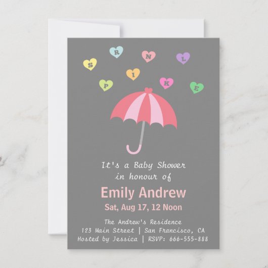 Invitation Elégante Baby shower de fille avec amour et parapl (Devant)