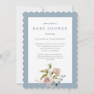 Invitation Élégante Baby Shower Fleur de champ aquarelle bleu