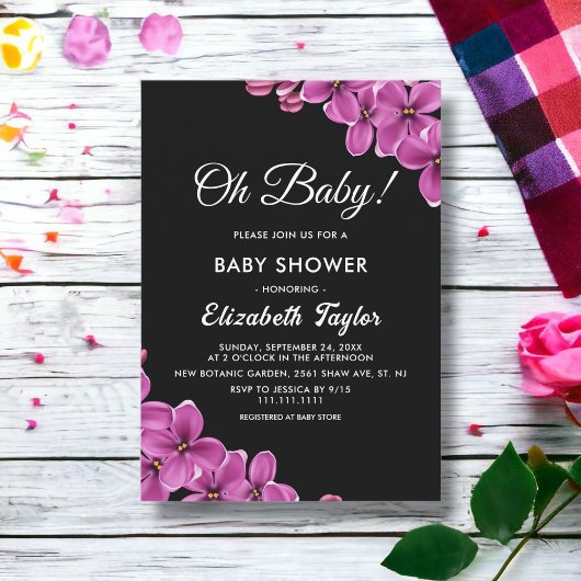 Invitation Elégante Baby shower floral noir orchidée