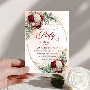 Invitation Élégante Baby Shower Florale Bourgogne Rustique  