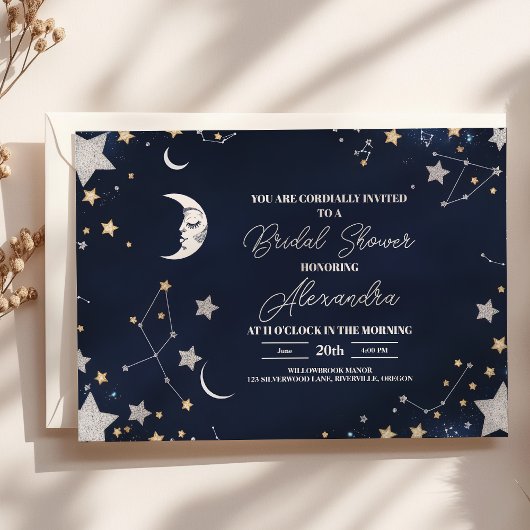 Invitation Élégante Baby Shower Lune Croissante Céleste