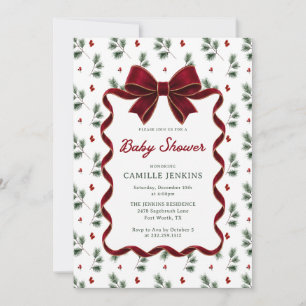 Invitation Élégante Baby Shower Ruban Rouge de Noël