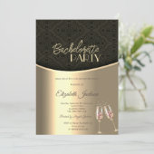 Invitation Élégante Bachelorette en or noir damassé (Debout devant)