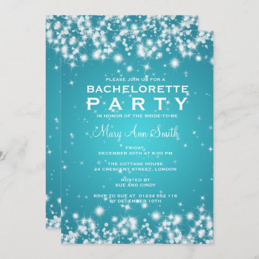 Invitation Élégante Bachelorette Party Winter Sparkle Turquoi (Devant / Derrière)