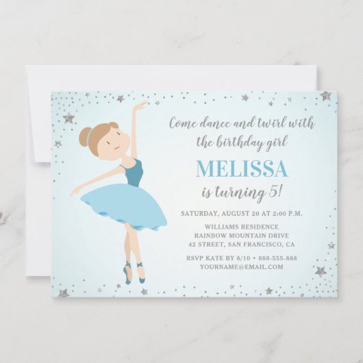 Invitation Elégante Ballerina Blue Silver Star | Fille Annive (Devant)