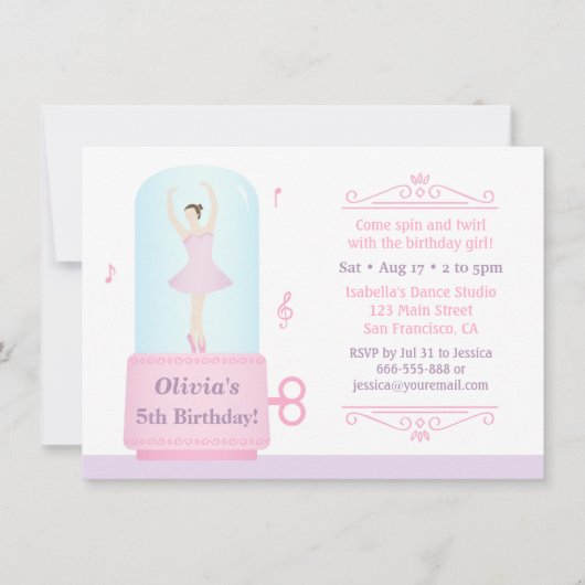 Invitation Elégante Ballerina Music Box Fille fête d'annivers (Devant)