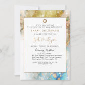 Invitation Élégante Bar Mitzvah Bleu, Or et Argent Céleste (Devant)