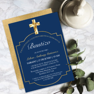 Invitation Elegante Bautismo de Niños Con Cruz Dorada Azul Ma