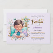 Invitation Elégante BAUTIZO Lilac Gold Floral Cross (Devant)