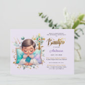 Invitation Elégante BAUTIZO Lilac Gold Floral Cross (Debout devant)