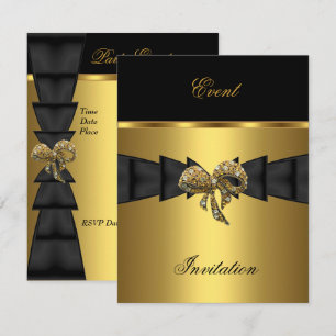 Invitation Élégante Bijou Noir Ruban Doré