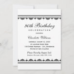 Invitation Elégante Black 90th Birthday Party Celebration<br><div class="desc">Élégante et chic invitation de fête d'anniversaire de jalon comprend un en-tête de script avec du texte personnalisé et des détails de bordure damassé / rayé. Design carré. Couleurs classiques en noir et blanc.</div>