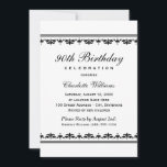 Invitation Elégante Black 90th Birthday Party Fête<br><div class="desc">Élégante et chic invitation de fête d'anniversaire de jalon comprend un en-tête de script avec du texte personnalisé et des détails de bordure damassé / rayé. Design carré. Couleurs classiques en noir et blanc.</div>