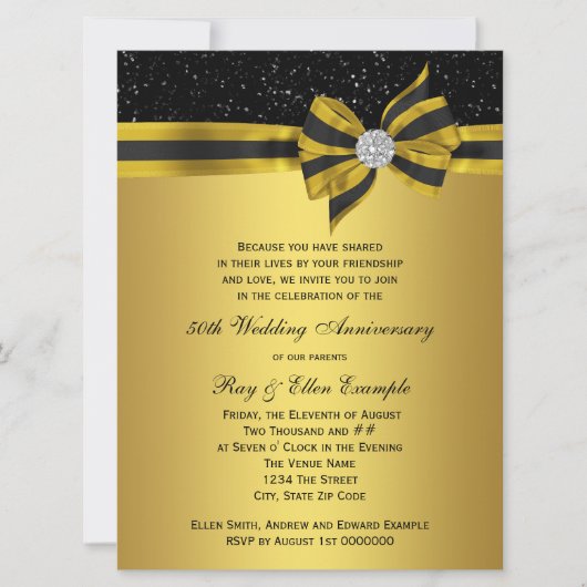 Invitation Élégante Black and Gold Bow 50e anniversaire (Devant)