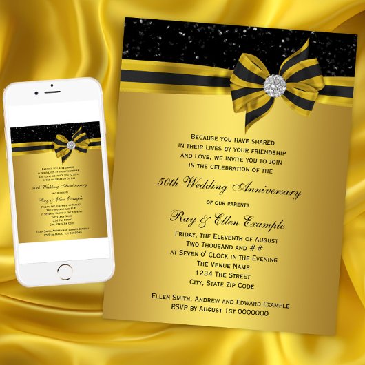 Invitation Élégante Black and Gold Bow 50e anniversaire