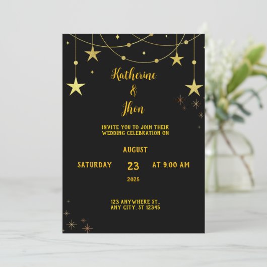 Invitation Elégante Black and Gold Celebration Mariage à thèm (Debout devant)