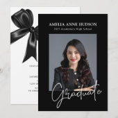 Invitation Élégante Black Bow 2025 Graduate Photo Party (Devant / Derrière)
