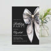 Invitation Elégante Black Bow et Pearl Birthday Party (Debout devant)