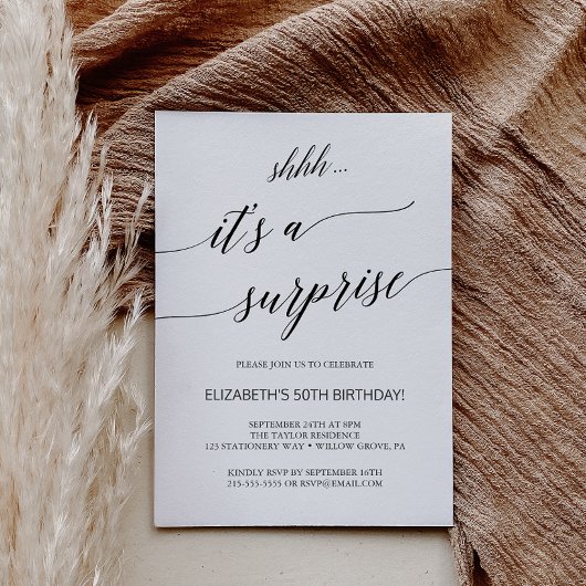 Invitation Élégante Black Calligraphy Surprise Party