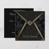 Invitation Elégante Black Damask Black and Gold Party (Devant / Derrière)
