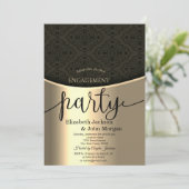 Invitation Élégante Black Damask Gold Engagement Party (Debout devant)