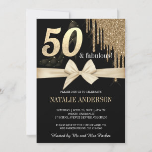 Invitation Elégante Black Dripss Gold Parties scintillant 50e