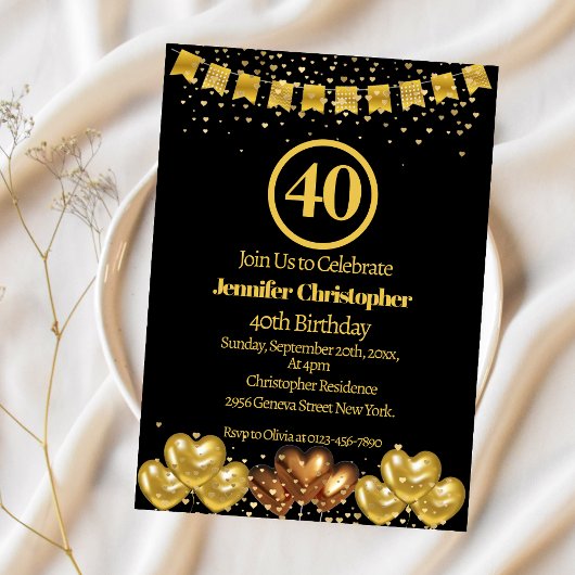 Invitation Elégante Black Gold 40th Birthday Party