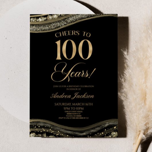 Invitation Elégante Black Gold Agate 100e fête d'anniversaire