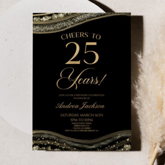 Invitation Elégante Black Gold Agate 25e fête d'anniversaire