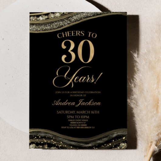 Invitation Elégante Black Gold Agate 30e fête d'anniversaire