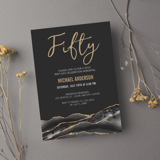 Invitation Elégante Black Gold Agate 50e fête d'anniversaire