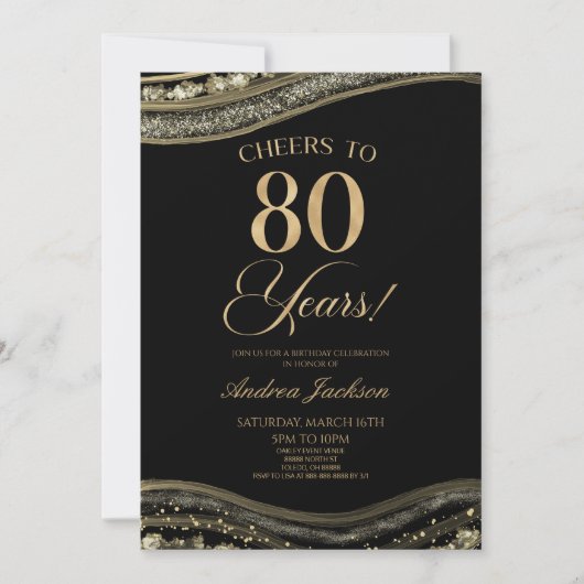 Invitation Elégante Black Gold Agate 80e fête d'anniversaire (Devant)