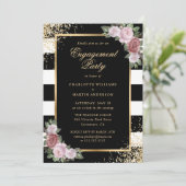 Invitation Élégante Black Gold Blush Floral Engagement Party (Debout devant)
